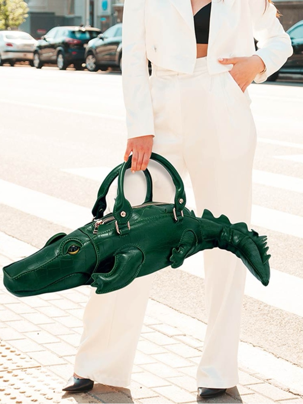 Green Crocodile-Shaped Leather Tote Bag